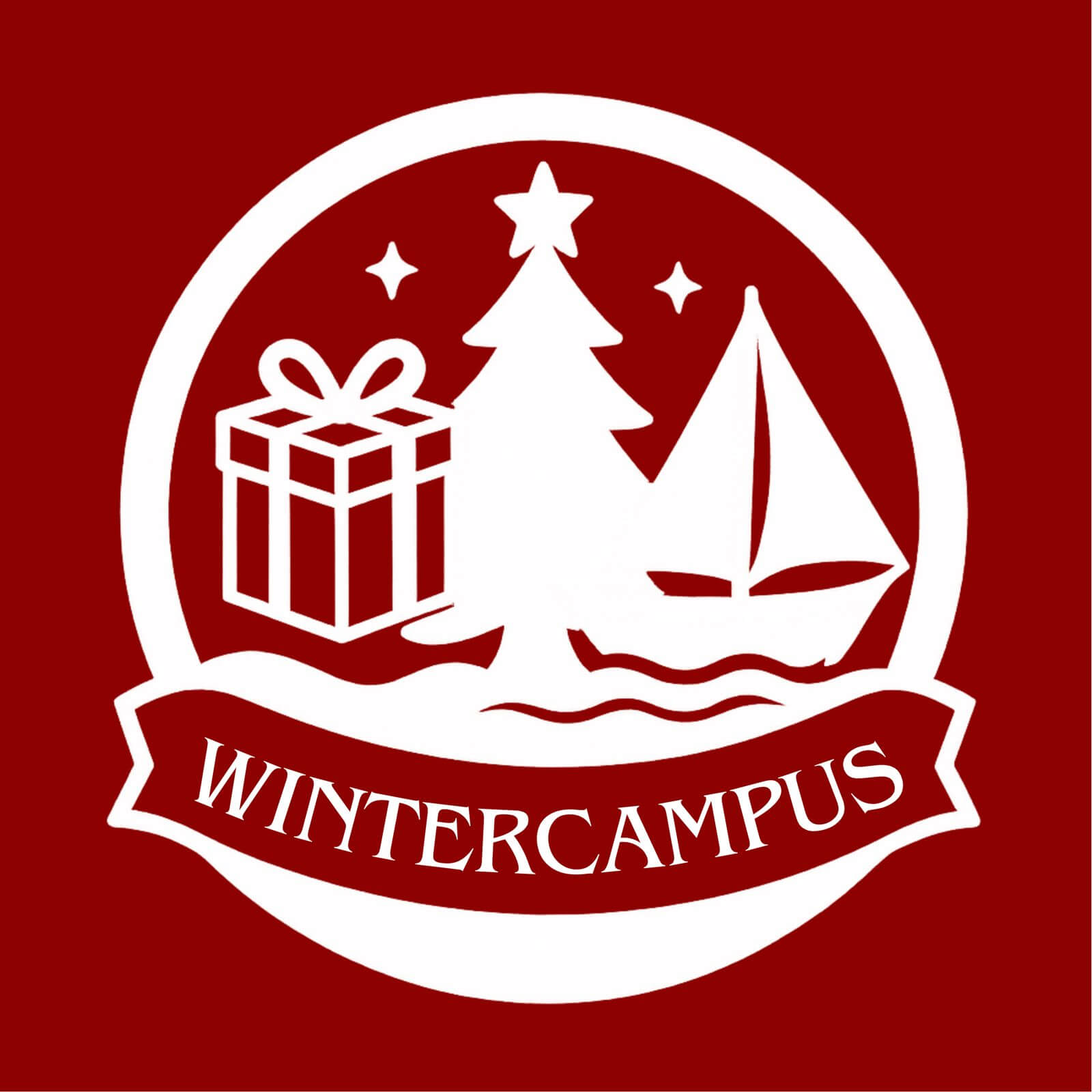 Das Bild zeigt das Logo des Wintercampus. Es ist ein Geschenk, ein Tannenbaum und ein Segelschiff abgebildet