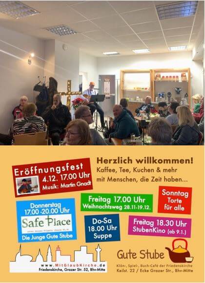 Das Bild zeigt im oberen Bereich ein Foto mit Gästen und einem Musiker. Darunter sind Infos zu den Veranstaltungen abgebildet. Eine Stadtshilouette und ein Logo sind am unteren Rand zu sehen.