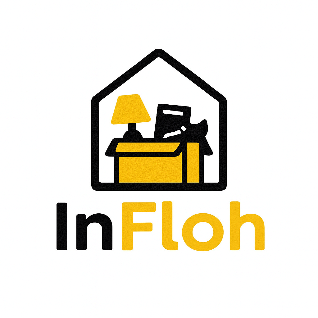 Das Bild zeigt das Logo mit einem Karton, in dem eine Lampee und Haushaltswaren sind. Drumherum ist ein Haus abgebildet.